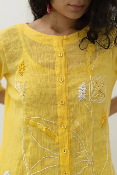 Silai Studio_Yellow Cotton Beads, Sequins Round Neck Embroidered Tunic With Slip_Online_at_Aza_Fashions