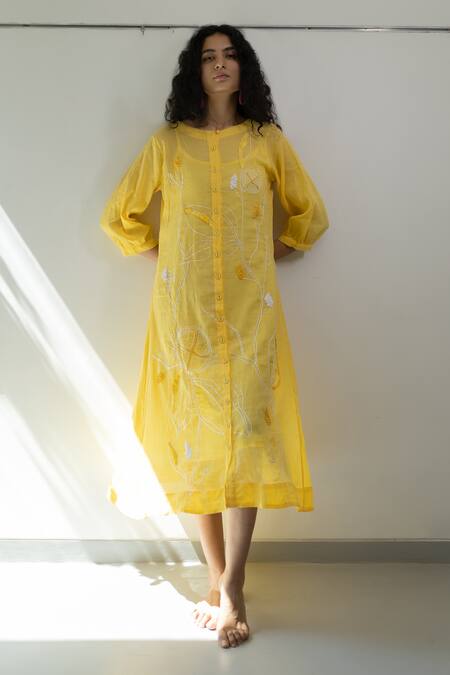 Buy_Silai Studio_Yellow Cotton Beads, Sequins Round Neck Embroidered Tunic With Slip_Online_at_Aza_Fashions