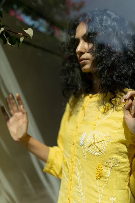 Shop_Silai Studio_Yellow Cotton Beads, Sequins Round Neck Embroidered Tunic With Slip_Online_at_Aza_Fashions