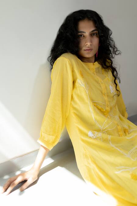 Silai Studio_Yellow Cotton Beads, Sequins Round Neck Embroidered Tunic With Slip_at_Aza_Fashions