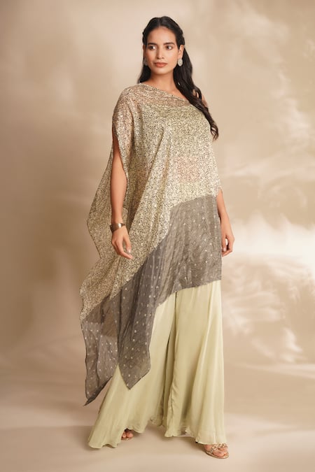 Chaashni by Maansi and Ketan Green Silk Printed One-shoulder Tunic And Pant Set