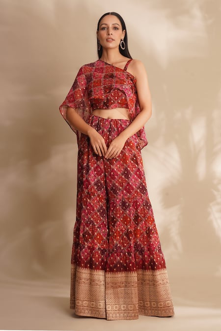 Chaashni by Maansi and Ketan Pink Silk Printed Geometric One-shoulder Crop Top And Pant Set