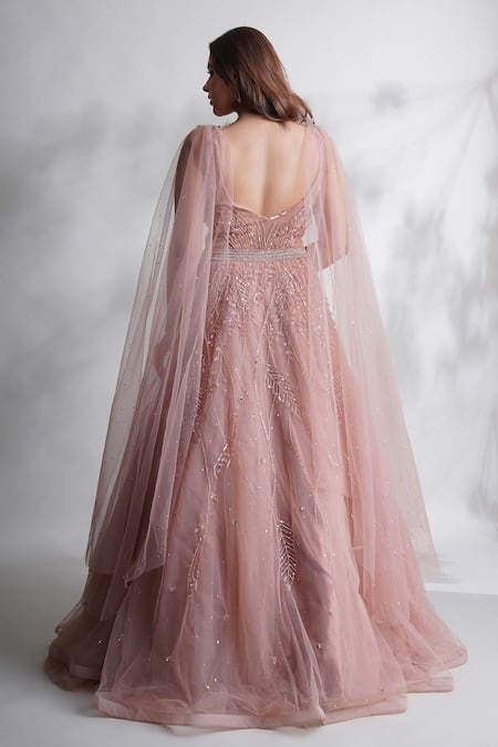 Shop_Chaashni By Maansi And Ketan_Pink Net Pearls, Sequins One Shoulder Embellished Cutwork Gown _at_Aza_Fashions