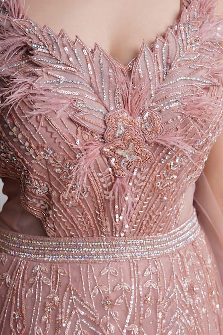 Buy_Chaashni By Maansi And Ketan_Pink Net Pearls, Sequins One Shoulder Embellished Cutwork Gown _Online_at_Aza_Fashions