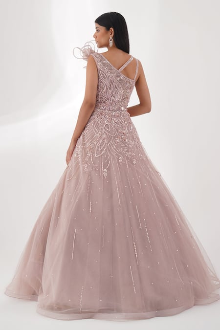 Shop_Chaashni By Maansi And Ketan_Pink Net Sequins, Zari One Shoulder Tonal Embellished Flared Gown _at_Aza_Fashions