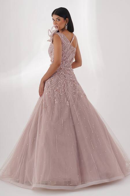 Shop_Chaashni By Maansi And Ketan_Pink Net Sequins, Zari One Shoulder Tonal Embellished Flared Gown _Online_at_Aza_Fashions