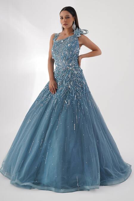 Chaashni By Maansi And Ketan_Blue Net Sequins, Cut Work, Zari One Shoulder And Cutdana Embellished Gown _Online_at_Aza_Fashions