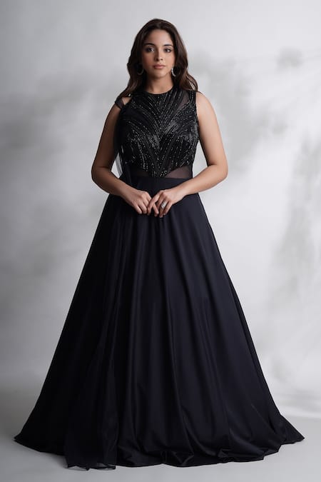 Chaashni by Maansi and Ketan Black Lycra Embroidered Cutdana Round Embellished Gown 