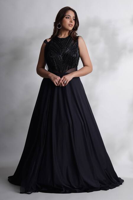Chaashni By Maansi And Ketan_Black Lycra Cut Work Round Neck Cutdana Embellished Gown_Online_at_Aza_Fashions