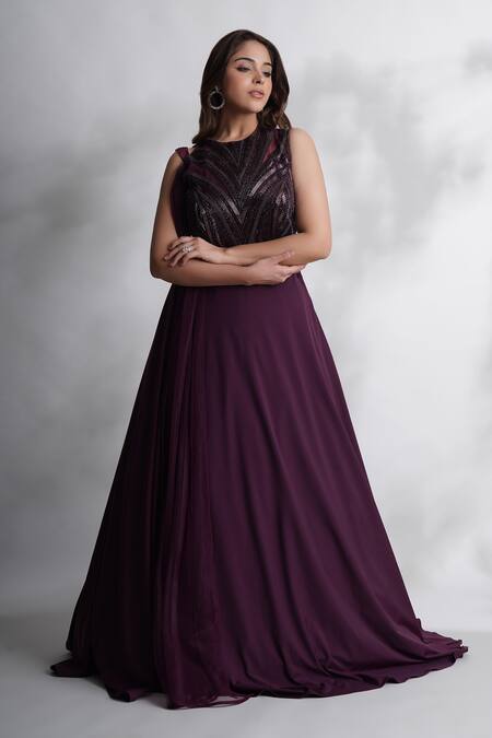 Chaashni By Maansi And Ketan_Purple Lycra Cut Work Round Neck Embellished Flared Gown_Online_at_Aza_Fashions