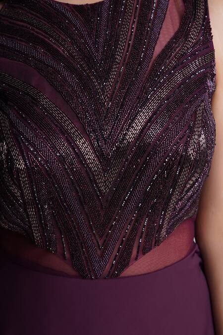 Shop_Chaashni By Maansi And Ketan_Purple Lycra Cut Work Round Neck Embellished Flared Gown_Online_at_Aza_Fashions