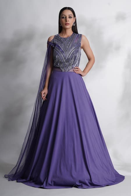 Chaashni by Maansi and Ketan Purple Lycra Embroidered Cutdana Round Flared Gown 