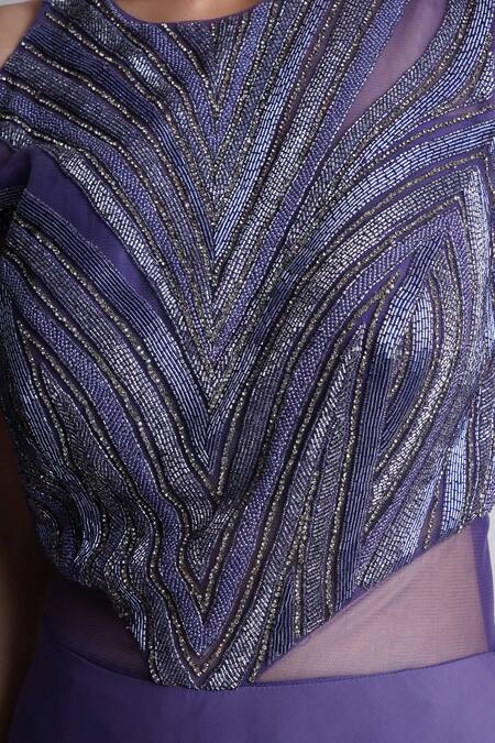 Buy_Chaashni By Maansi And Ketan_Purple Lycra Cut Work Round Neck Embroidered Flared Gown _Online_at_Aza_Fashions