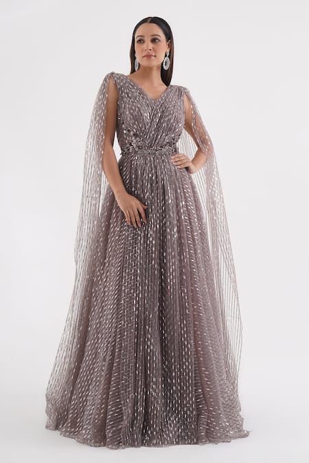 Chaashni By Maansi And Ketan_Purple Net Sequins, Beads V-neck And Embroidered Gown _Online_at_Aza_Fashions