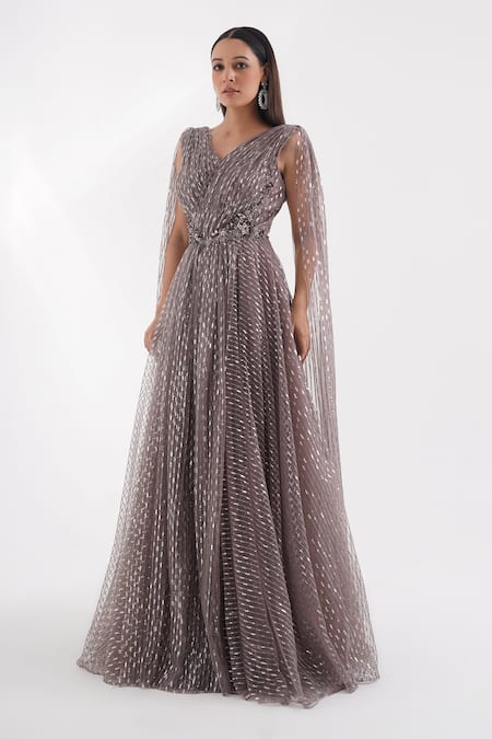 Buy_Chaashni By Maansi And Ketan_Purple Net Sequins, Beads V-neck And Embroidered Gown _Online_at_Aza_Fashions