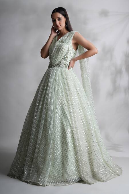 Chaashni By Maansi And Ketan_Green Net Sequins, Beads V-neck And Embellished Gown _Online_at_Aza_Fashions