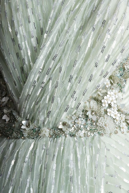 Shop_Chaashni By Maansi And Ketan_Green Net Sequins, Beads V-neck And Embellished Gown _Online_at_Aza_Fashions