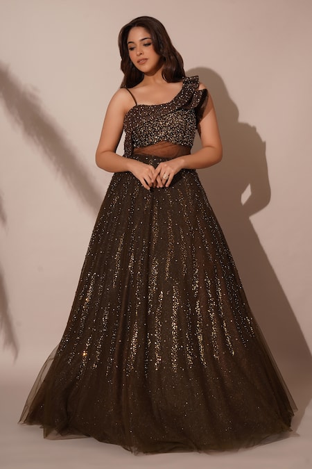 Chaashni by Maansi and Ketan Green Net Embroidered Bead One-shoulder Tonal Gown