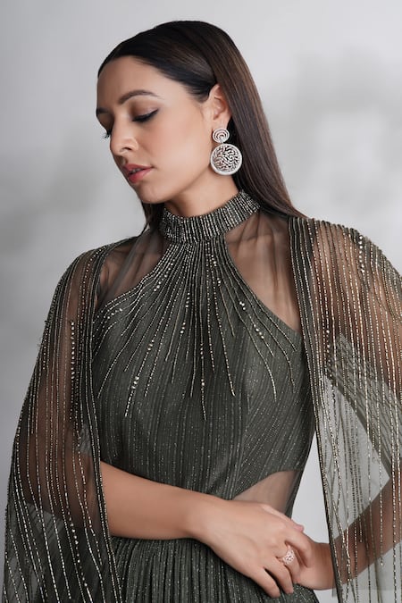 Chaashni By Maansi And Ketan_Green Lycra, Satin Cut Work High Neck Tonal Embroidered Gown With Cape _Online_at_Aza_Fashions