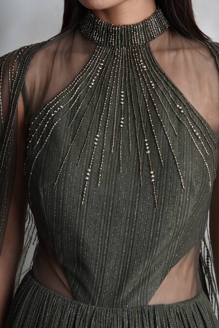 Buy_Chaashni By Maansi And Ketan_Green Lycra, Satin Cut Work High Neck Tonal Embroidered Gown With Cape _Online_at_Aza_Fashions