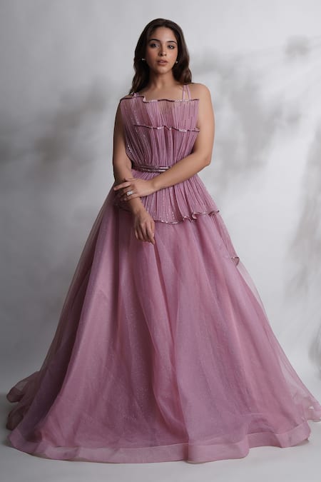 Chaashni by Maansi and Ketan Pink Organza Embroidered Cutdana Frill Pleated Embellished Bodice Gown