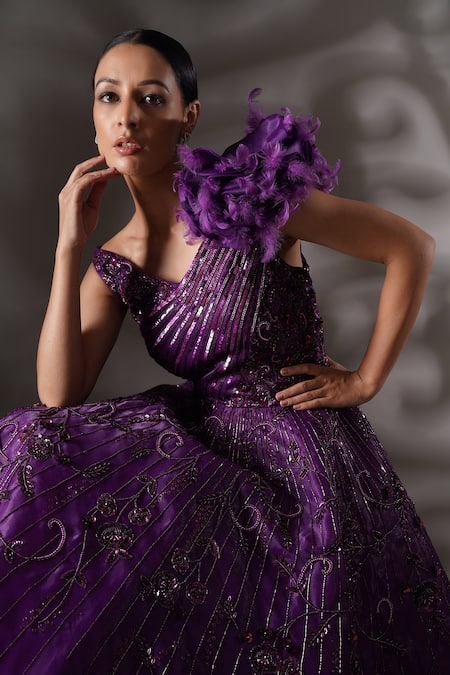 Chaashni By Maansi And Ketan_Purple Organza Sequins, Cut Work V-neck Floral Embellished Gown _Online_at_Aza_Fashions