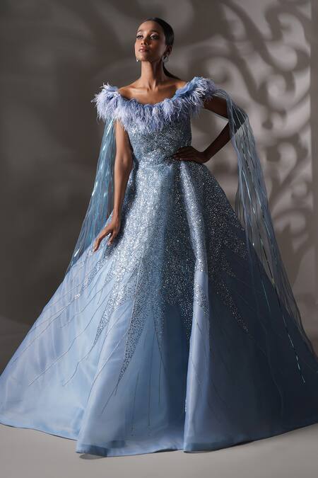 Chaashni By Maansi And Ketan_Blue Organza Feathers, Sequins Boat Neck Cutdan Embellished Gown_Online_at_Aza_Fashions