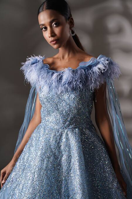 Buy_Chaashni By Maansi And Ketan_Blue Organza Feathers, Sequins Boat Neck Cutdan Embellished Gown_Online_at_Aza_Fashions