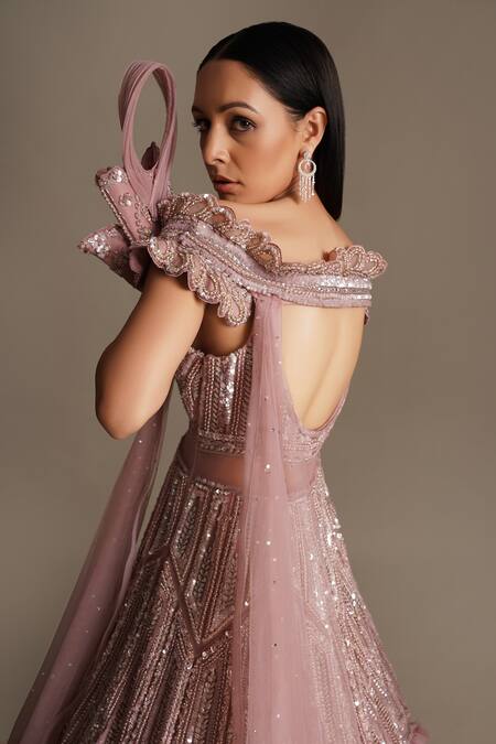 Shop_Chaashni By Maansi And Ketan_Pink Net Sequins, Pearls, Crystals Boat Neck Embellished Gown _Online_at_Aza_Fashions