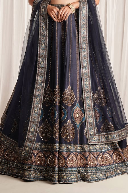 Chaashni By Maansi And Ketan Blue Silk Cut Work, Sequins V-neck Floral Print Lehenga Set Online at Aza Fashions Chaashni By Maansi And Ketan_Blue Silk Cut Work, Sequins V-neck Floral Print Lehenga Set _Online_at_Aza_Fashions