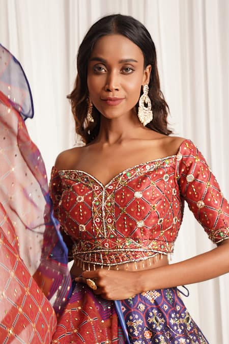 Shop_Chaashni By Maansi And Ketan_Purple Silk Cut Work Boat Neck Geometric Print Lehenga Set _Online_at_Aza_Fashions