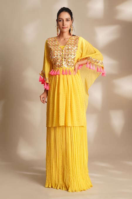 Chaashni by Maansi and Ketan Yellow Georgette Embroidered Cutdana V-neck Sequin Tunic With Trouser