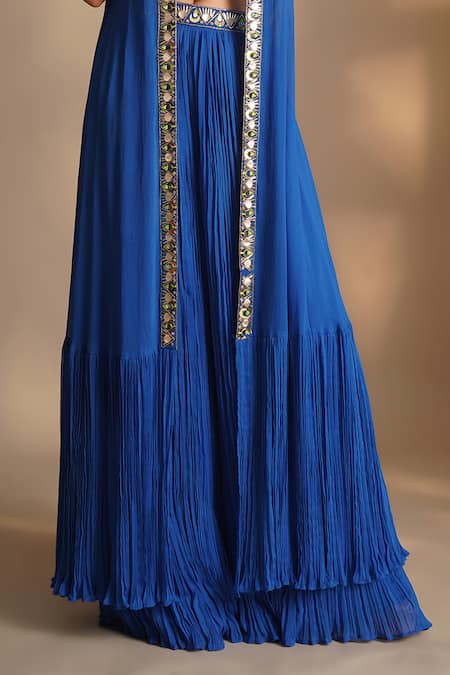 Chaashni By Maansi And Ketan_Blue Georgette Sequins, Cut Work Nakshi Embroidered Border Cape Sharara Set _Online_at_Aza_Fashions