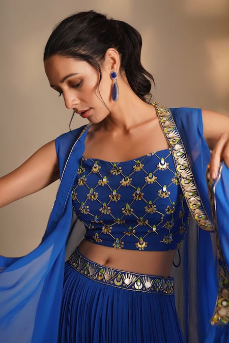 Shop_Chaashni By Maansi And Ketan_Blue Georgette Sequins, Cut Work Nakshi Embroidered Border Cape Sharara Set _Online_at_Aza_Fashions