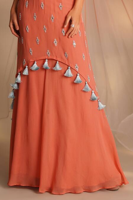 Buy_Chaashni By Maansi And Ketan_Peach Georgette Sequins, Cut Work Mirrorwork Embroidered Tunic Flared Pant Set _Online_at_Aza_Fashions