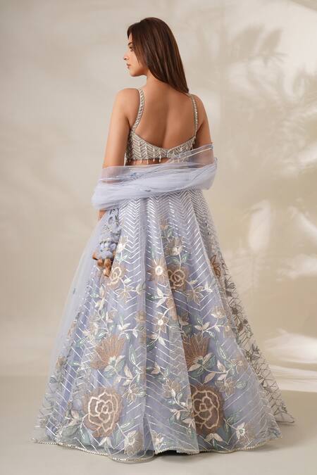 Shop_Chaashni By Maansi And Ketan_Blue Net Embroidery, Gota Patti Sweetheart Neck Lehenga Set_at_Aza_Fashions
