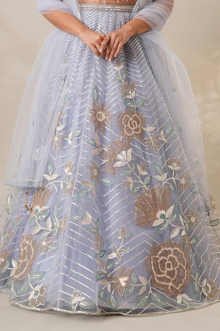 Chaashni By Maansi And Ketan Blue Net Embroidery, Gota Patti Sweetheart Neck Lehenga Set Online at Aza Fashions Chaashni By Maansi And Ketan_Blue Net Embroidery, Gota Patti Sweetheart Neck Lehenga Set_Online_at_Aza_Fashions