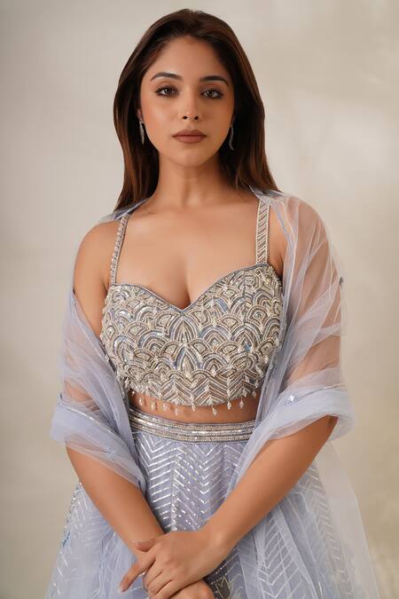 Buy_Chaashni By Maansi And Ketan_Blue Net Embroidery, Gota Patti Sweetheart Neck Lehenga Set_Online_at_Aza_Fashions