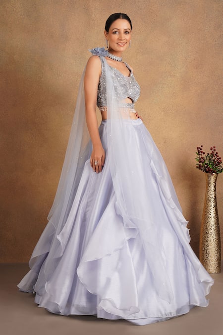 Chaashni By Maansi And Ketan_Blue Organza Sequins, Crystals, Embroidery V-neck Blouse Lehenga Set _Online_at_Aza_Fashions