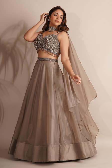 Chaashni By Maansi And Ketan Brown Organza Beads, Embroidery Sweetheart Neck Sequin Waistband Lehenga Set Online at Aza Fashions Chaashni By Maansi And Ketan_Brown Organza Beads, Embroidery Sweetheart Neck Sequin Waistband Lehenga Set _Online_at_Aza_Fashions