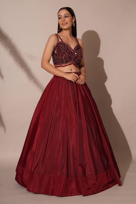 Chaashni By Maansi And Ketan_Maroon Organza Beads Sweetheart Neck Waistband Embroidered Lehenga Set_Online_at_Aza_Fashions