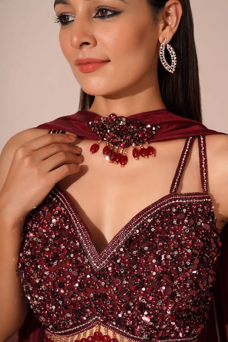 Shop_Chaashni By Maansi And Ketan_Maroon Organza Beads Sweetheart Neck Waistband Embroidered Lehenga Set_Online_at_Aza_Fashions