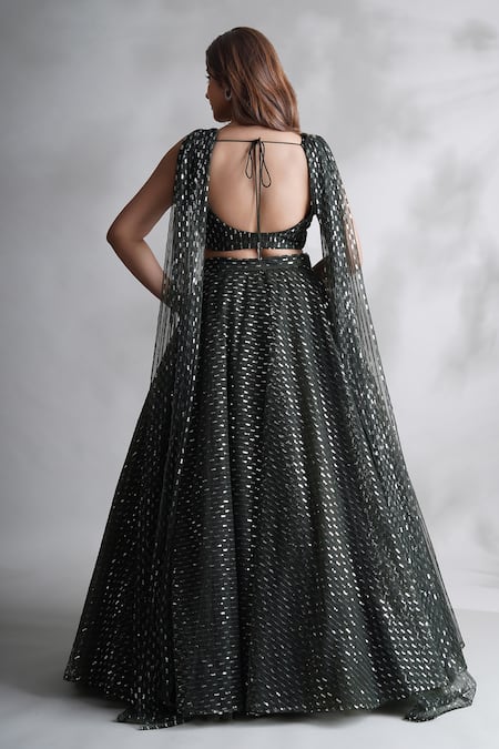 Shop Chaashni By Maansi And Ketan Green Net Sequins, Stones, Cut Work V-neck Embroidered Lehenga And Blouse Set at Aza Fashions Shop_Chaashni By Maansi And Ketan_Green Net Sequins, Stones, Cut Work V-neck Embroidered Lehenga And Blouse Set _at_Aza_Fashions
