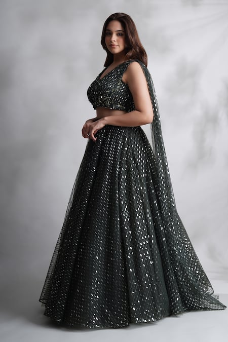 Buy Chaashni By Maansi And Ketan Green Net Sequins, Stones, Cut Work V-neck Embroidered Lehenga And Blouse Set Online at Aza Fashions Buy_Chaashni By Maansi And Ketan_Green Net Sequins, Stones, Cut Work V-neck Embroidered Lehenga And Blouse Set _Online_at_Aza_Fashions