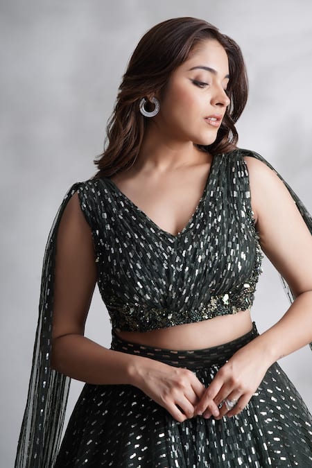 Shop Chaashni By Maansi And Ketan Green Net Sequins, Stones, Cut Work V-neck Embroidered Lehenga And Blouse Set Online at Aza Fashions Shop_Chaashni By Maansi And Ketan_Green Net Sequins, Stones, Cut Work V-neck Embroidered Lehenga And Blouse Set _Online_at_Aza_Fashions