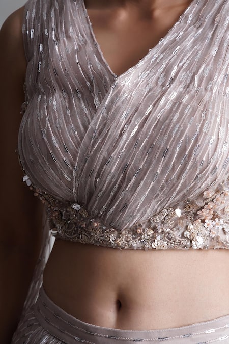 Buy_Chaashni By Maansi And Ketan_Beige Net, Silk Sequins, Cut Work V-neck Embroidered Blouse And Lehenga Set _Online_at_Aza_Fashions