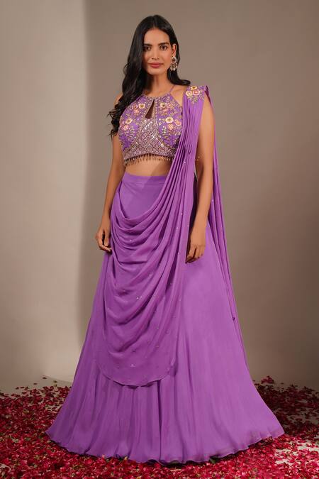 Chaashni By Maansi And Ketan_Purple Georgette Sequins, Embroidery Halter Neck Placement Lehenga And Blouse Set_Online_at_Aza_Fashions