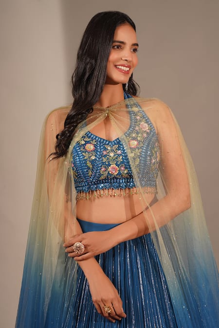 Chaashni By Maansi And Ketan_Blue Georgette Crystals, Mirrors, Embroidery Halter Neck Stripe Lehenga Set_Online_at_Aza_Fashions