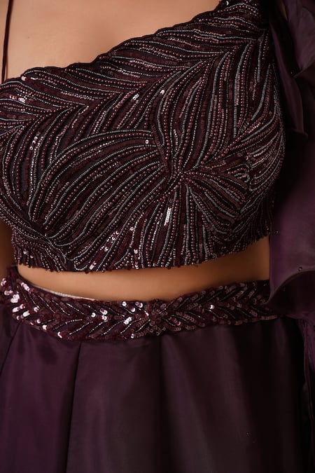 Chaashni By Maansi And Ketan_Wine Organza Sequins, Cut Work Asymmetric Ruffle Lehenga And Blouse Set_Online_at_Aza_Fashions