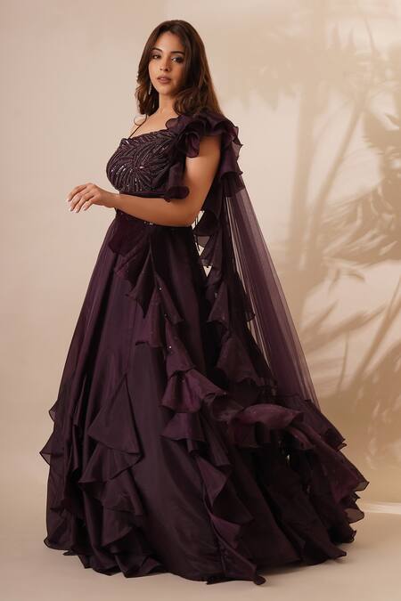 Buy_Chaashni By Maansi And Ketan_Wine Organza Sequins, Cut Work Asymmetric Ruffle Lehenga And Blouse Set_Online_at_Aza_Fashions